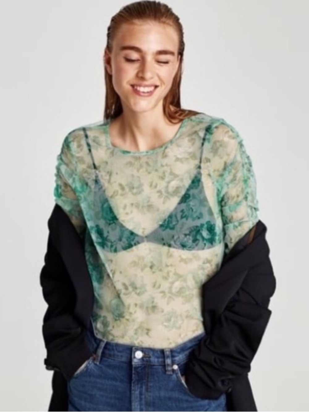 Zara | Sheer Floral Ruched Long-Sleeve Tulle Top
